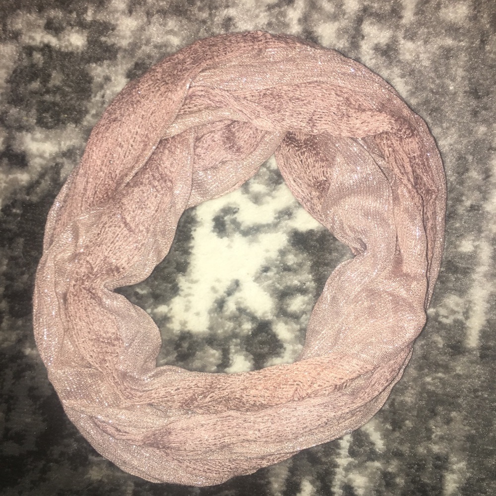 Taupe infinity scarf with silver threading